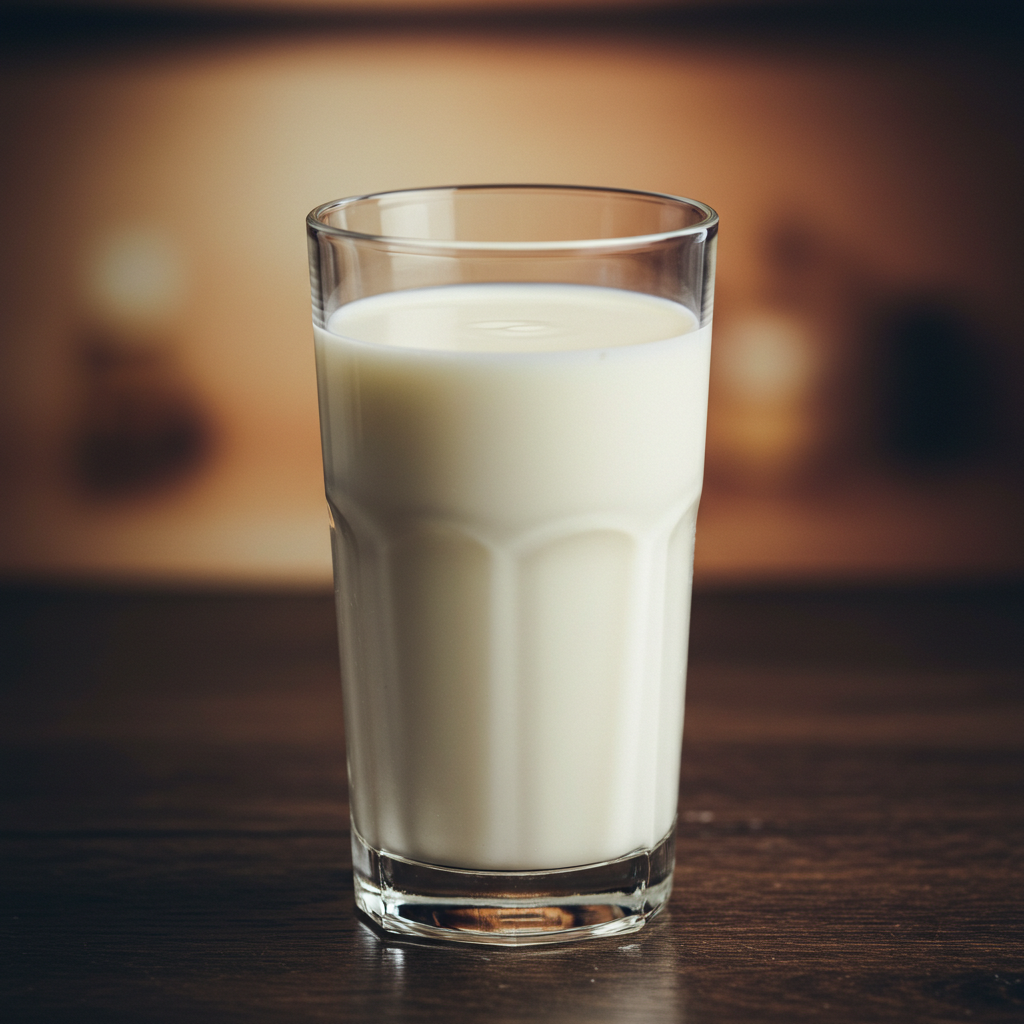 Undervægt illustreret ved klart glas fyldt med mælk. Står på mørkebrunt bord.