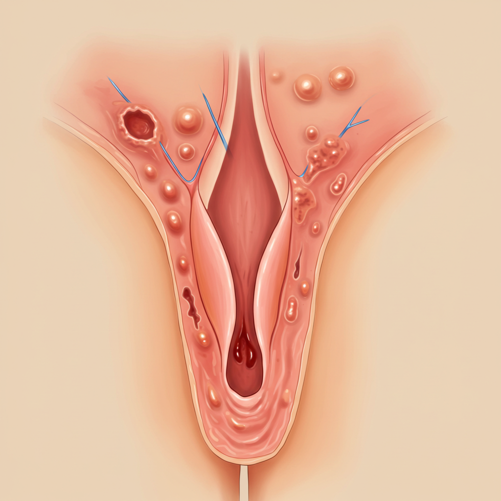 Vulvacancer illustreret ved tegning i hudfarve af vulva med sår og knuder på området.