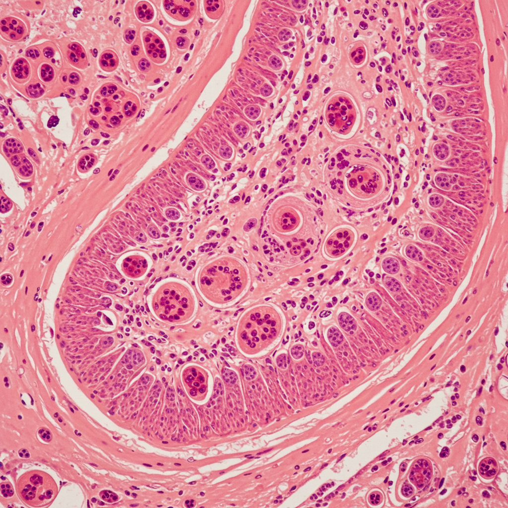 Vulvacancer histologisk visning af væv i rosa, røde og hvide tegninger.