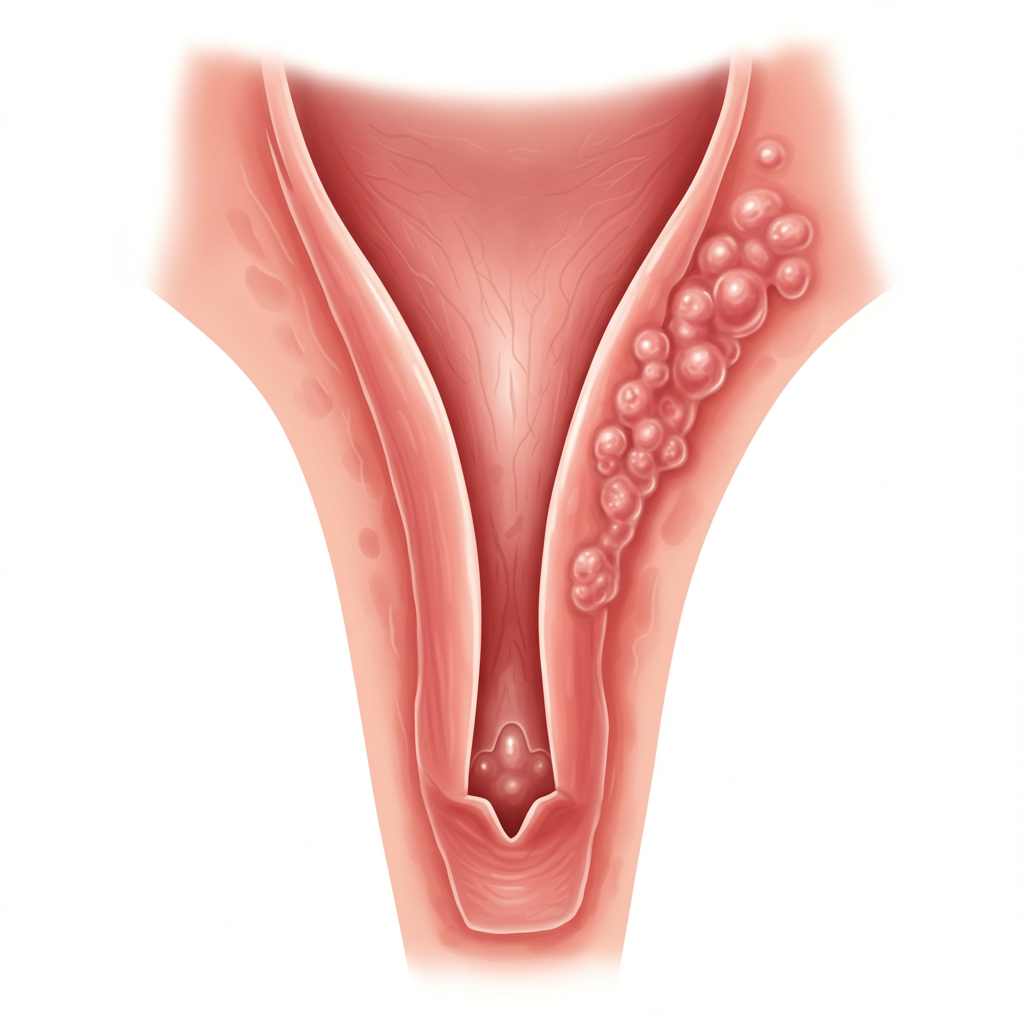 Vulvacancer illustreret ved tegning i hudfarve af vulvaområdet med blæreagtige småknuder. Hvid baggrund.