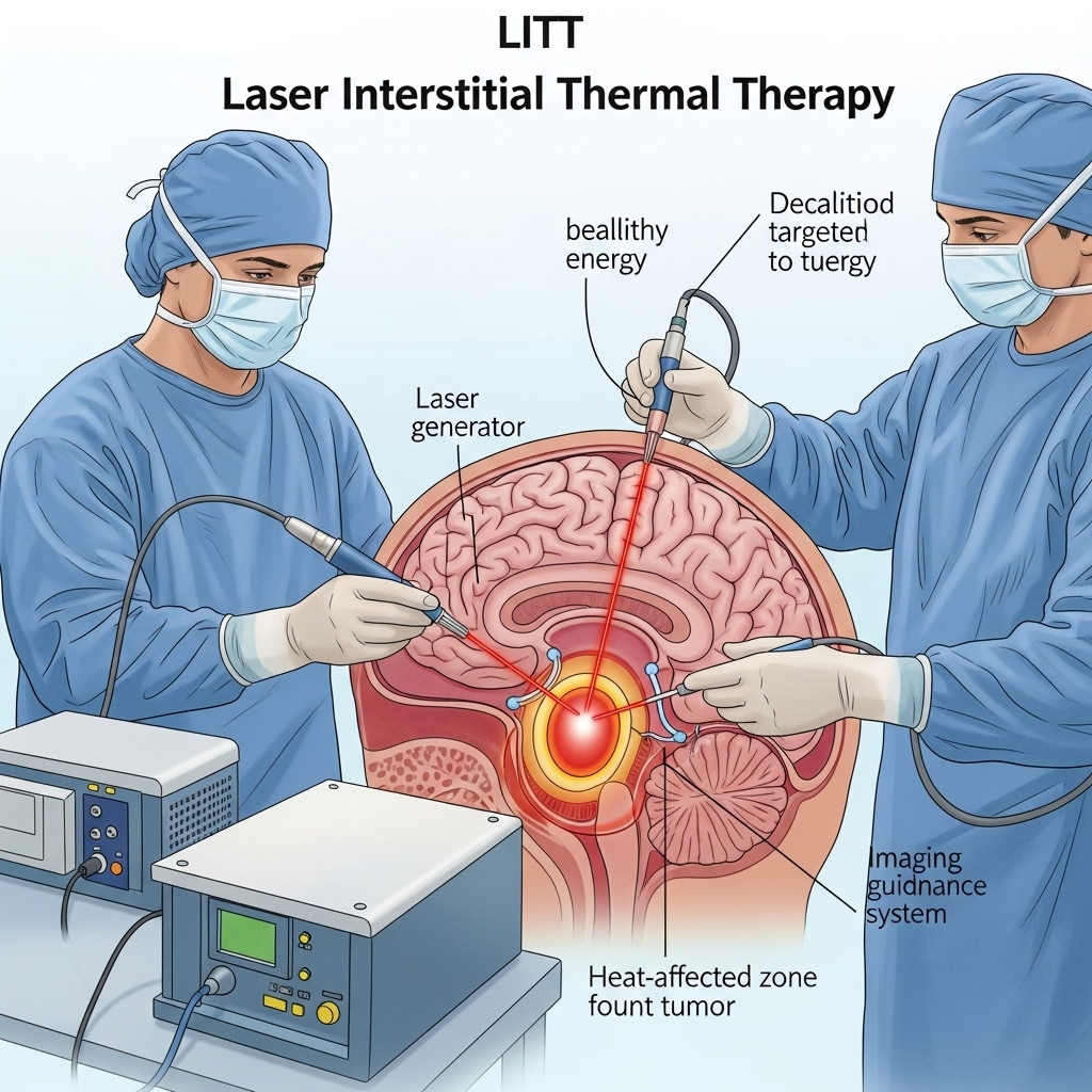 Ablation vist ved skitsering af operation i hjerne, hvor denne er meget forstørret og der står en kittelklæde operatør på hver side med instrumenter.
