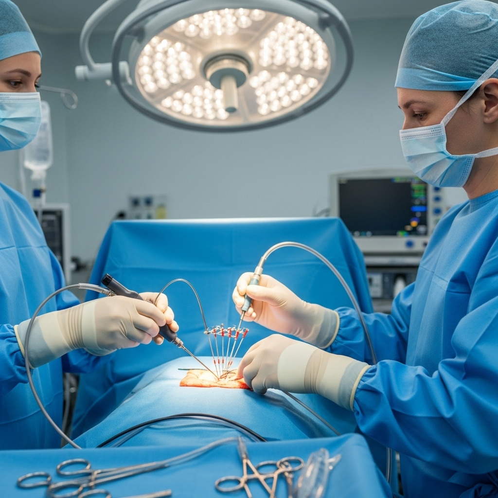 Ablationsbehandling symboliseret ved operationssituation, hvor der står 2 operatører i steril beklædning med hver et instrument. Lysprojektør over feltet. Blå toner.