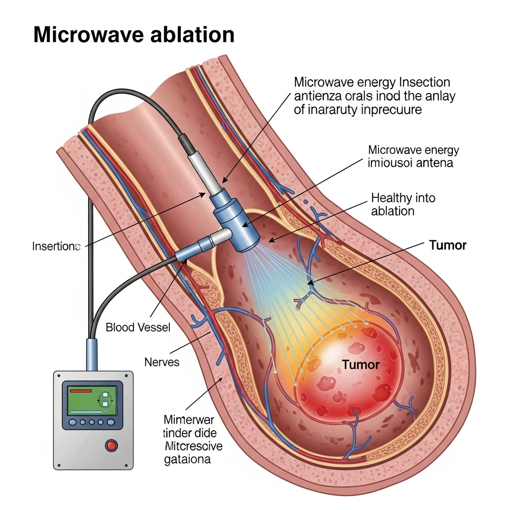 Ablationsterapi symboliseret ved skitse af tænkt organ med apparatur og instrument indført. Hvid baggrund.