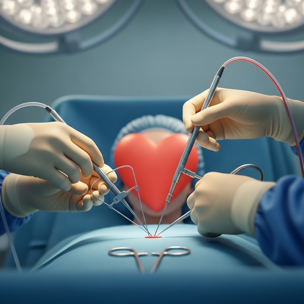 Ablation symboliseret ved operationsfelt i blåt med instrumenter stukket ind gennem et lille hul i afdækningen og et stort hjerte klistret på patientens hoved.