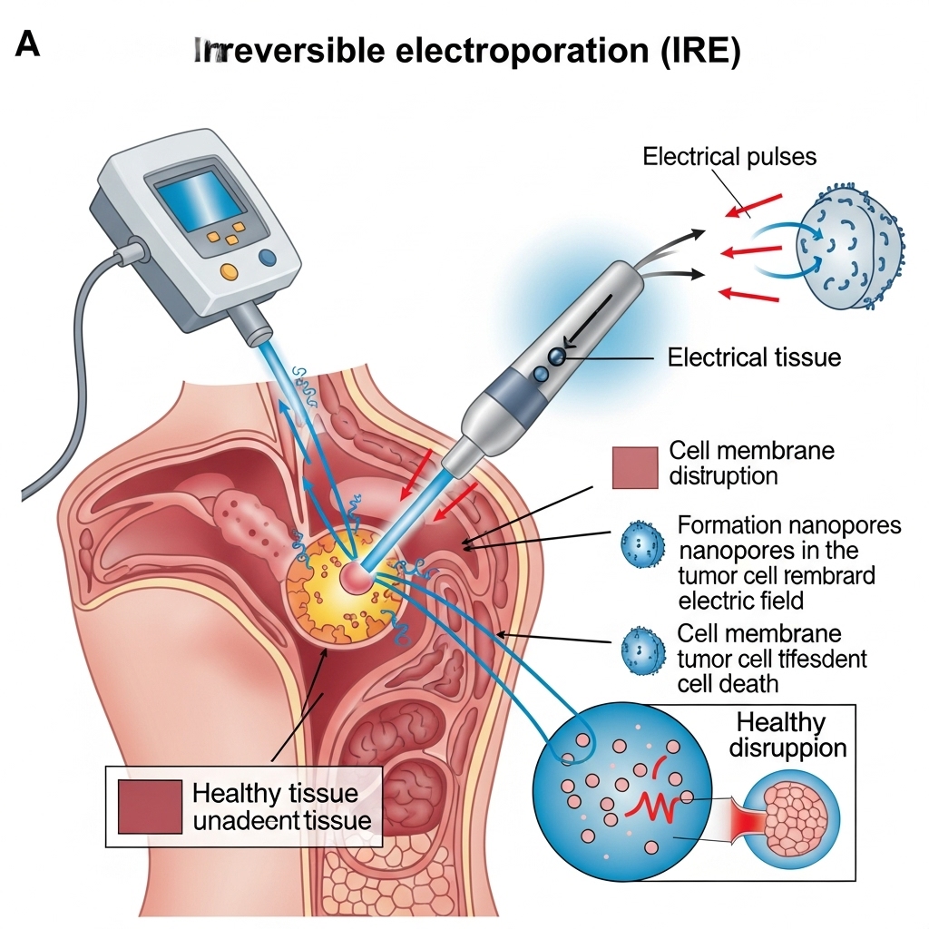 Ablationsterapi symboliseret ved principskitse af en behandling af tænkt organ. Forklarende tekst i margin. Hvid baggrund.