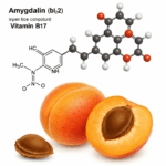Amygdala, Vitamin B17 illustreret ved billede af molekylestruktur på hvid baggrund. I forgrunden en overskåret abrikos, en hel abrikos og en abrikossten.
