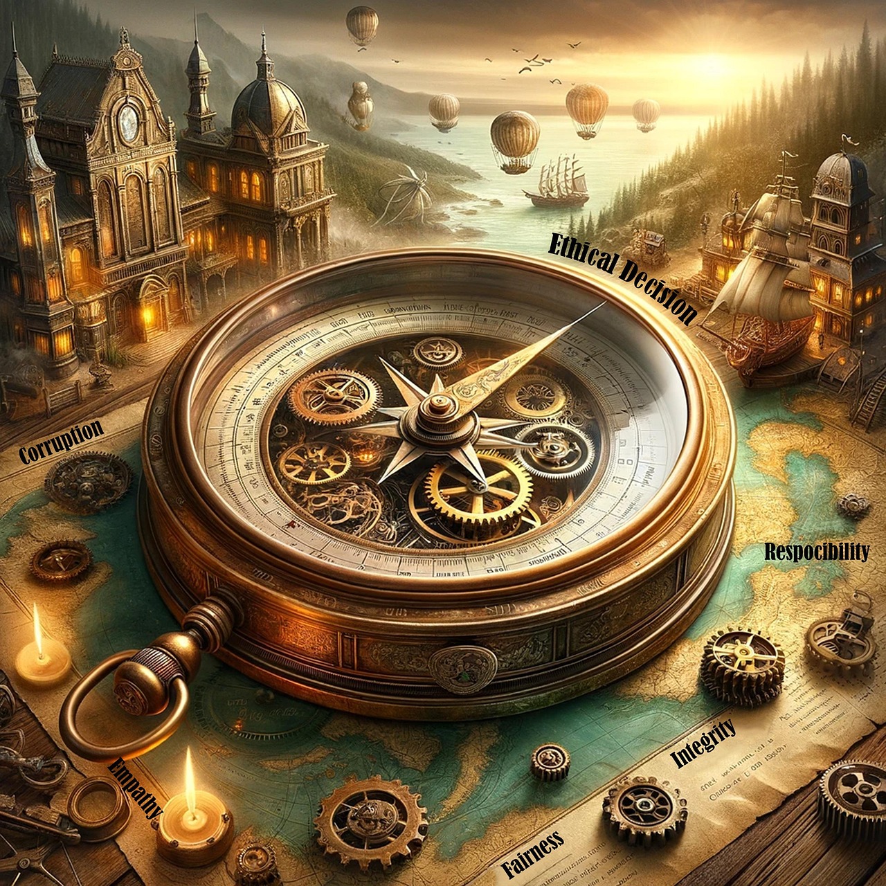 Ansvar og kontroltab symboliseret ved kompas i landskab af andet ældre måleudstyr.