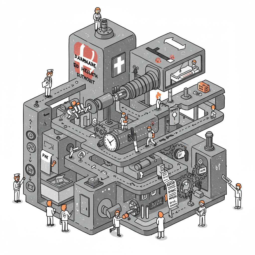 Ansvar og kontroltab symboliseret ved stort bygningsagtigt maskineri, hvor mennesker ser ret fortabte ud i forhold til dette. Grå farver med hvid baggrund.