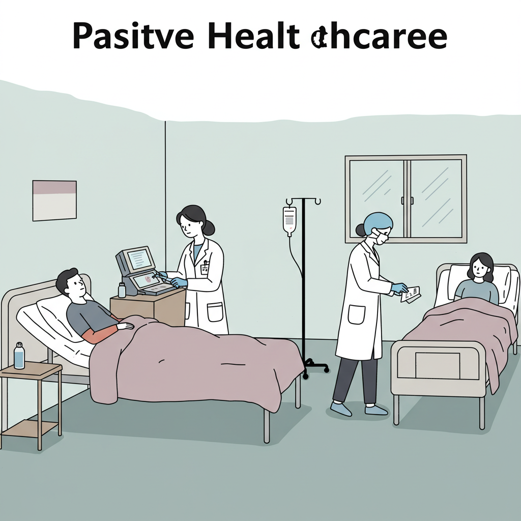 Ansvar og kontroltab symboliseret ved klinisk grå hospitalsstue med mand i en seng, hvor personale står over ham og kvinde i en seng i 90 graders vinkel i forhold til denne. Også her står en sundhedsperson med maske og hætte. Der står et drop i mellem dem.