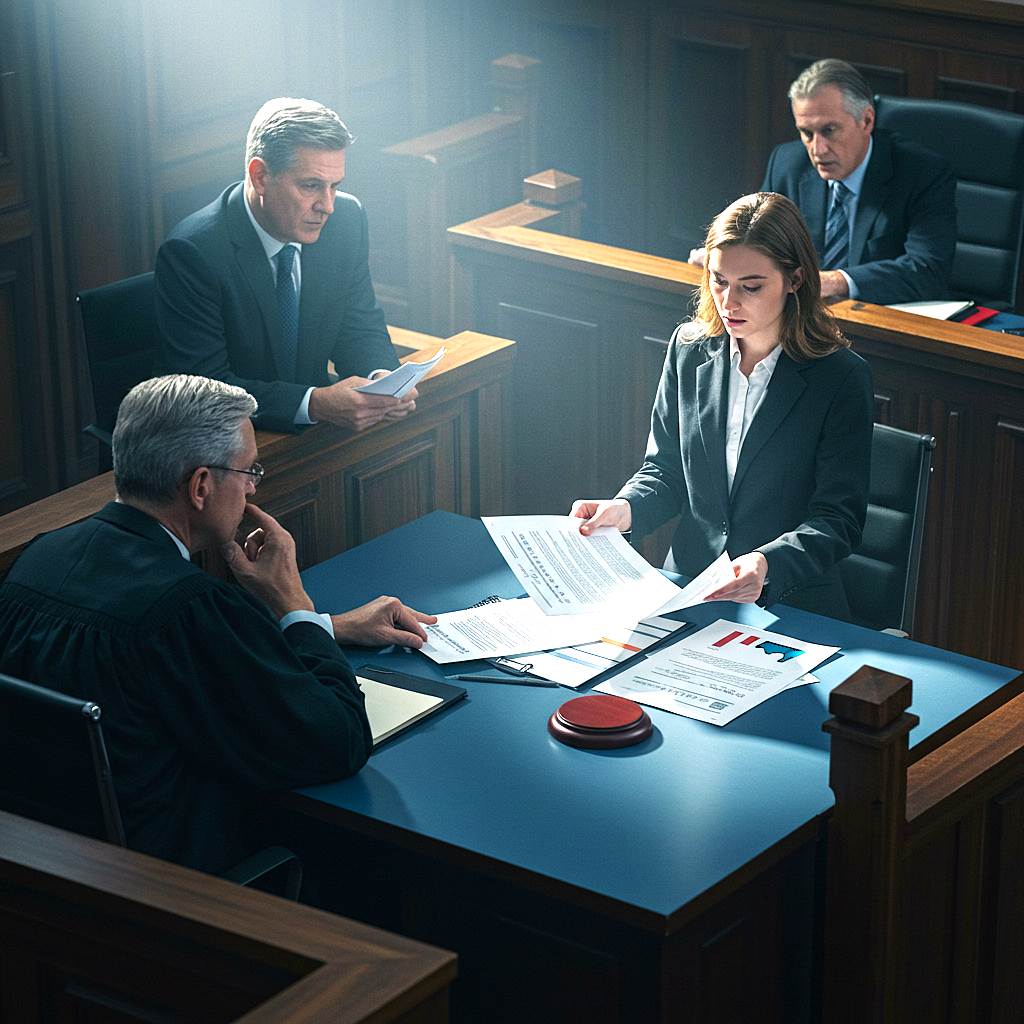 Ansvar og kontroltab illustreret ved billede fra retslokale, med en kvinde og mand på hver side af bord. en i vidneskranke og en på tilhørerrækken.