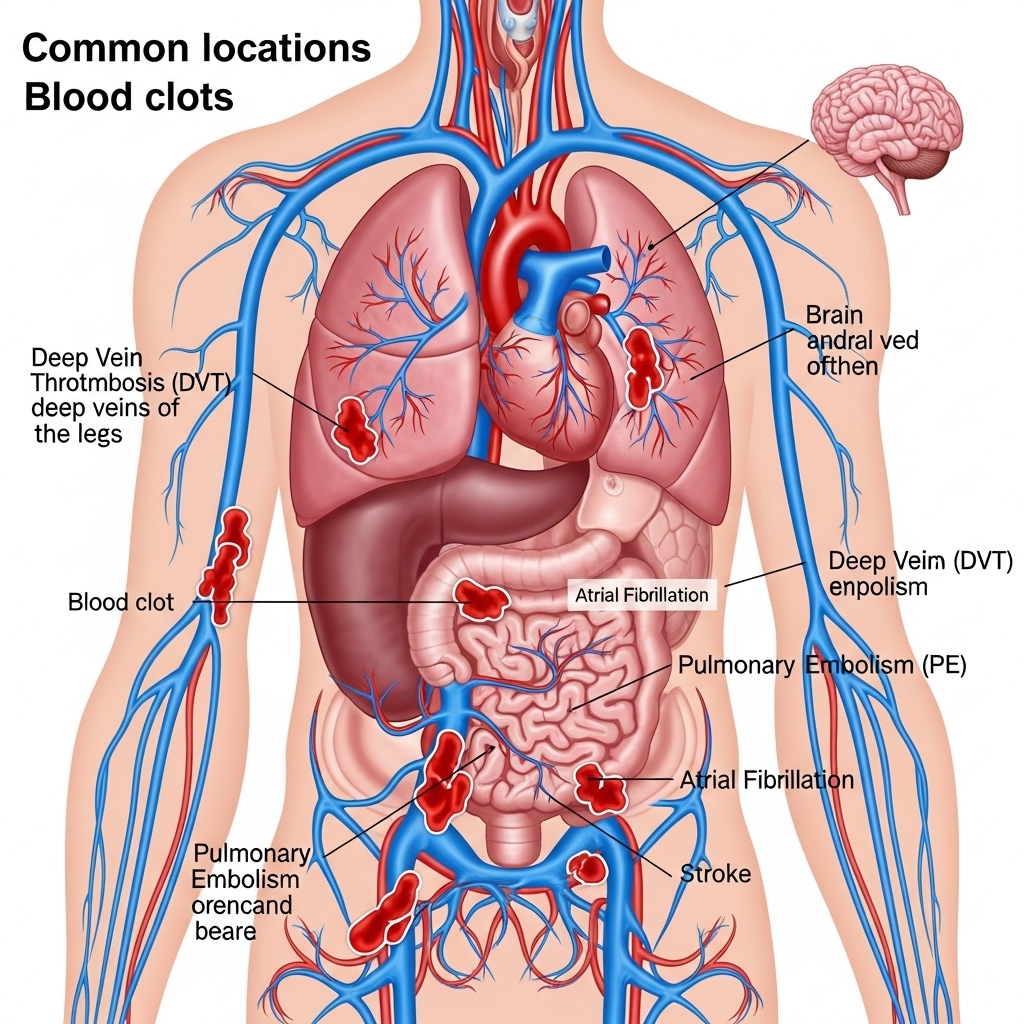 Blodprop illustreret ved planche af tegning af overkrop på menneske, med angivelse af hvor man typisk kan få blodpropper.