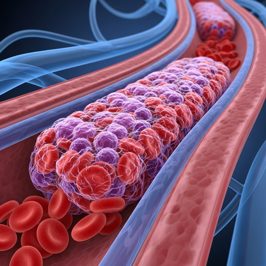 Blodpropper illustreret ved stilistisk modelbillede af overskåret kar med blodprop som små sammenhængende skier i rød og lilla.