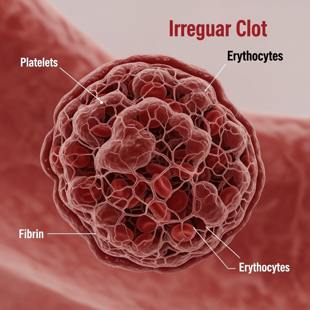 Blodpropper symboliseret ved billede af mangecellet blodprop over noget der ligner en overskåret åre. Grå baggrund.