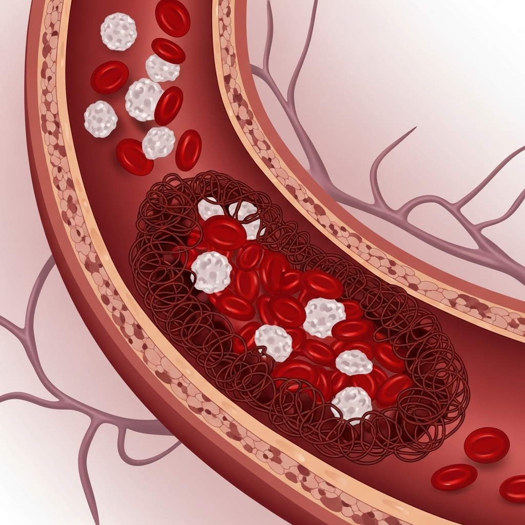 Blodpropper symboliseret ved tegning af overskåret åre med blodpropansamling inden i. Denne i røde farver med enkelte hvide celler. Rosa baggrund.