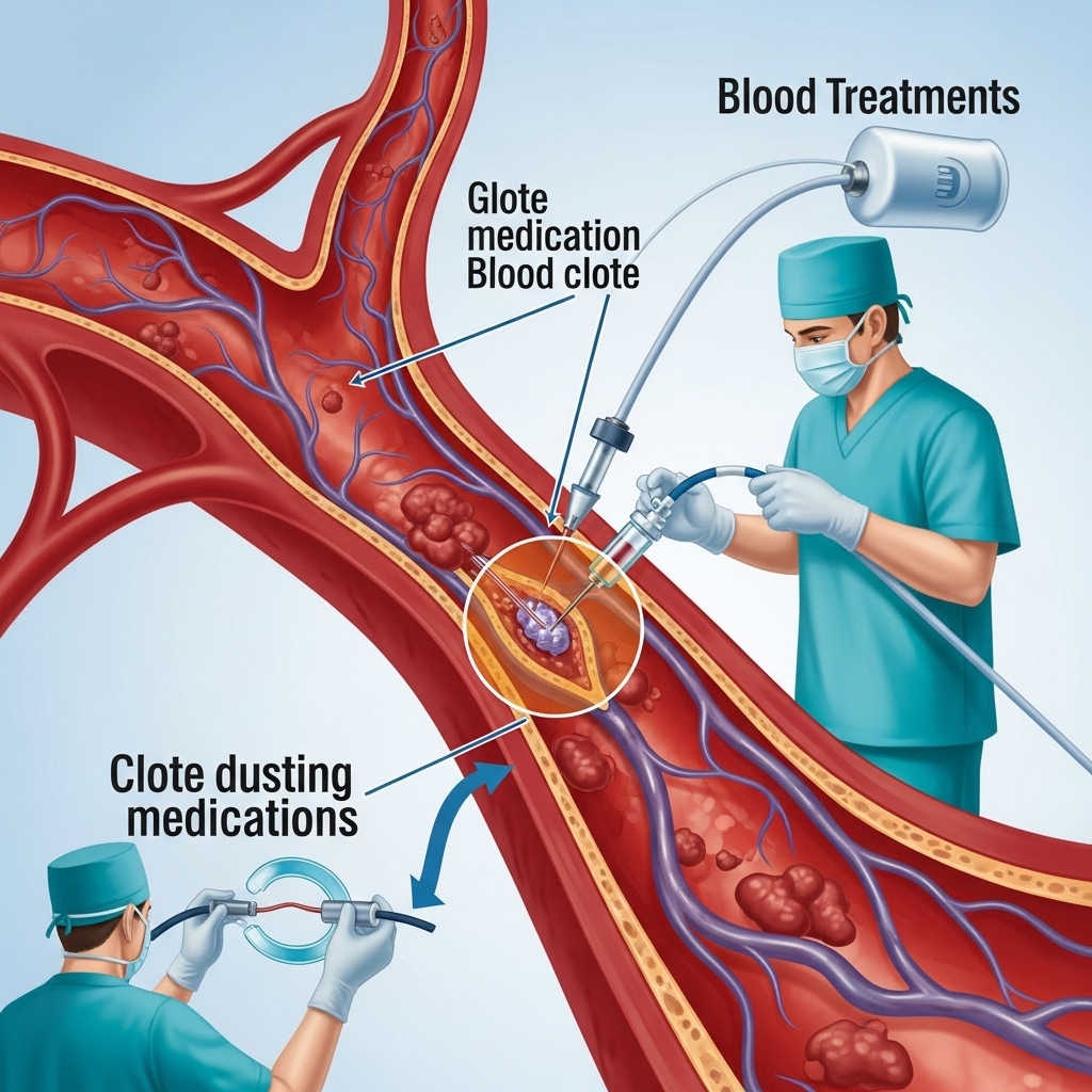 Blodprop illustreret ved to operatører der står med en kæmpe stilistisk åre imellem sig og arbejder med en ansamling i midten, der må være en blodprop i blå farve.