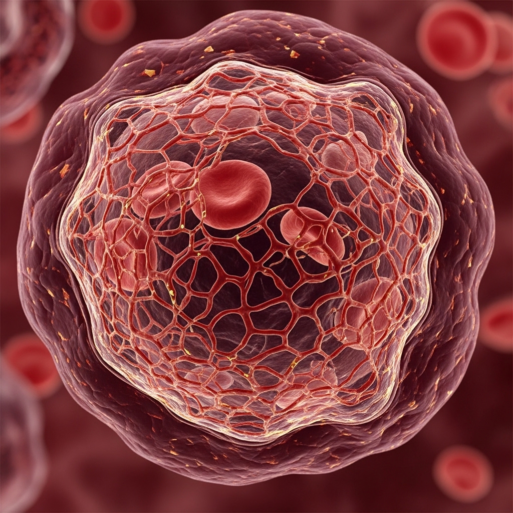 Blodprop illustreret ved en næsten cirkelformet ansamling i rødlige toner.