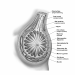 Brystkræft hos mænd symboliseret vad skitse af bryst, hvor vævet er frilagt. Til højre er der engelske tekster med streger til pågældende område.