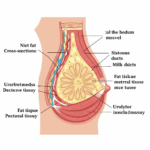 Brystkræft hos mænd symboliseret ved grafisk farvet snit i bryst set fra siden.