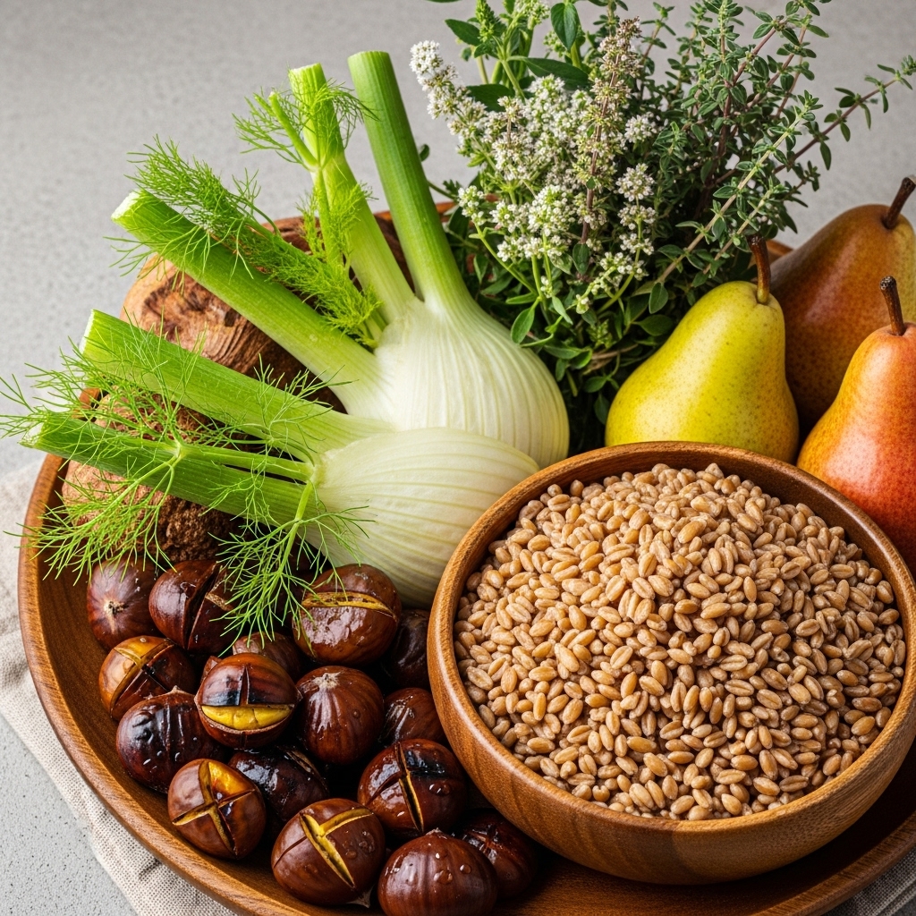 Hildegard von Bingen symboliseret ved stor skål der indeholder kastanjer, fennikel, pærer, speltkerner i lille skål og krydderurter.