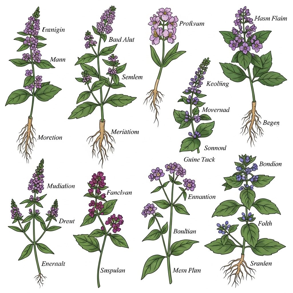 Hildegard von Bingen symboliseret ved en hvid tavle med tegninger af lægeplanter i sarte lilla farver med rod og blomst. I alt 9 stk. med tekst.