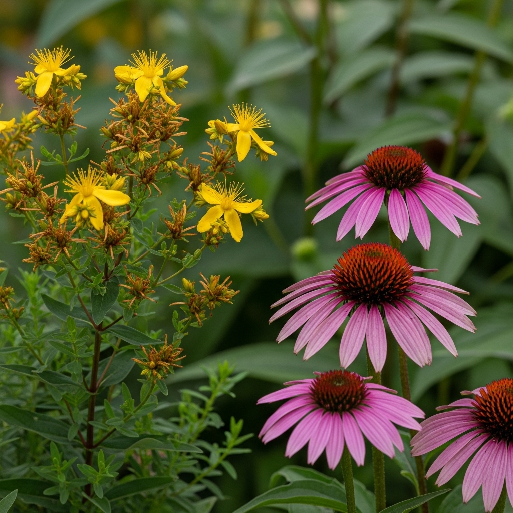 Hildegard von Bingen symboliseret ved foto af to slags plander, der formodes at være lægeurter. Den ene med gule blomster og den anden med rosa blomster.