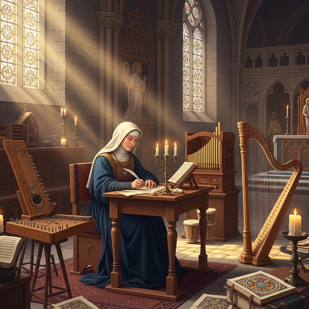 Hildegard von Bingen illustreret ved tegning af hende siddende i klosterhal og skrive med fjerpen.