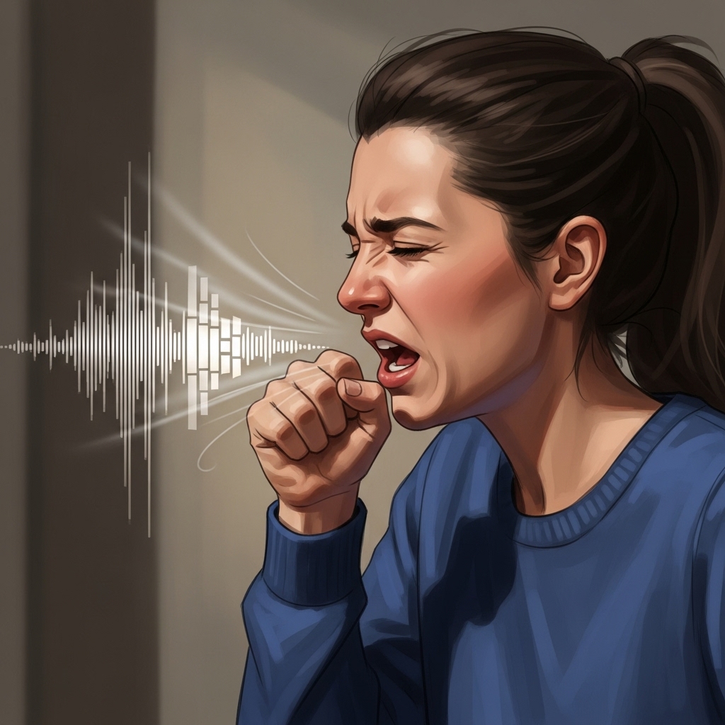 Hoste, hæshed og stemmeændring symboliseret ved kvinde i blå trøje, der holder sig for munden mens det er illustreret at hun hoster.