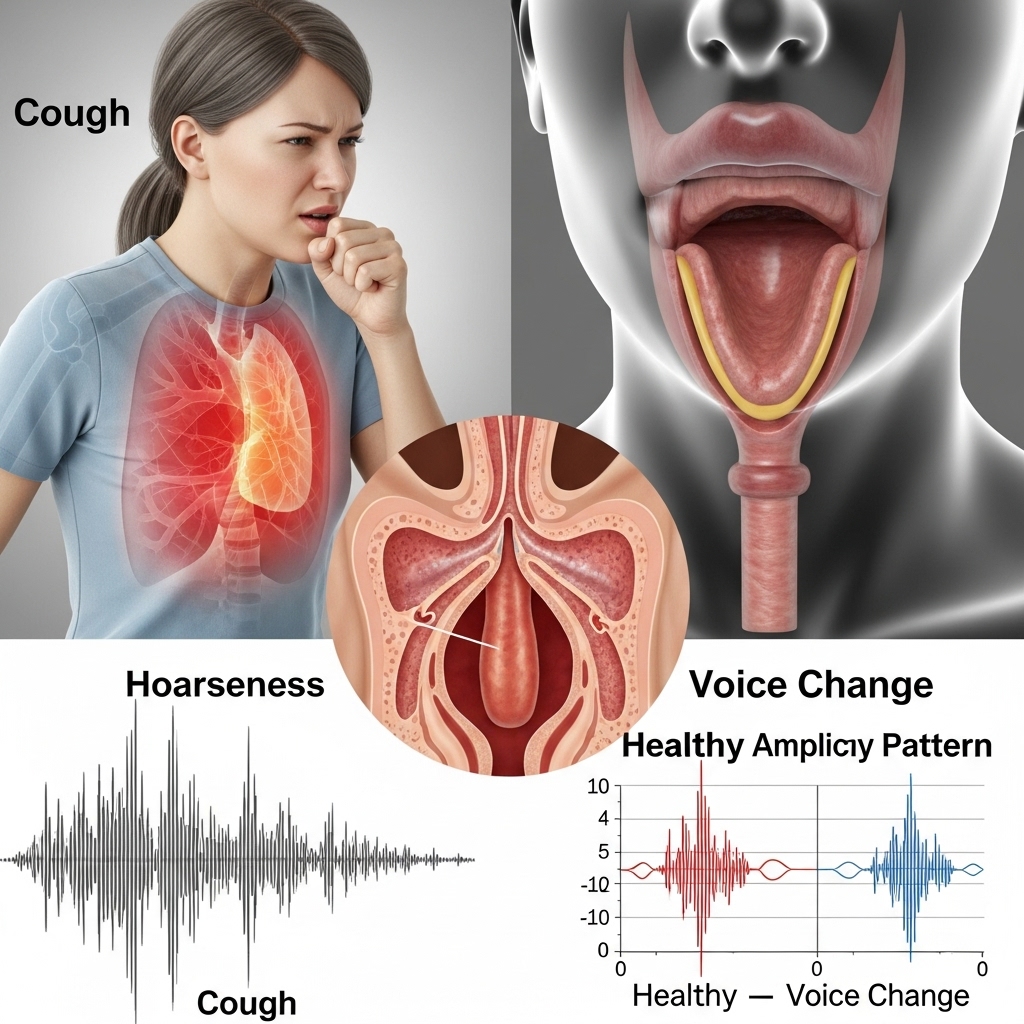 Hoste, hæshed og stemmeændring symboliseret ved planche med kvinde der hoster og rødme ved brystkassen, ansigt, hvor tungen er rakt ud og nederst nogle stemmediagrammer.