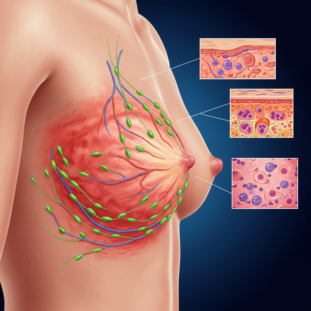 Inflammatorisk brystkræft vist ved tegning af kvindetorso set fra siden med det ene bryst rødt, hvor man ser grønne småknuder og vævspåvirkning i 3 firkanter ved siden. Blå baggrund.