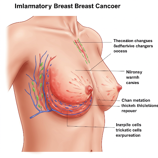 Inflammatorisk brystkræft vist ved tegning af hudfarvet torso, hvor højre bryst er vist med rødme og åretegning skematisk. Forklarende tekst i sort på hvid baggrund.
