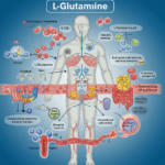 L-Glutamin symboliseret ved skematisk illustration af menneske med tegning af organer i kreds om denne. Blå baggrund. Symbolsk.