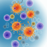 L-Glutamin symboliseret ved cellestrukturer i orange og lilla på blå baggrund.