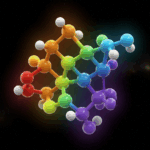 Magnesium illustreret ved molekylestruktur med hvide, røde, orange, lysgrønne, blå og lille kugler med bindinger på sort baggrund.