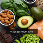 Magnesium illustreret ved fødevarer med højt indhold. Mandler, bønner, avocado, laks, spinat, mørk chokolade.