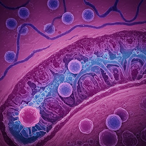 Kræftmetastaser symboliseret ved lilla vævsstrukturer med runde metastaseceller i mørkere lilla, blå og gammelrosa toner.