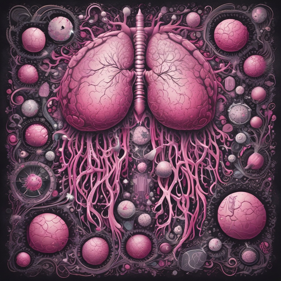 Metastatisk kræft symboliseret ved stilistisk billede af lunger med små og større cirkler omkring, der indikerer metastaser. Rosa, hvide og lilla farver.