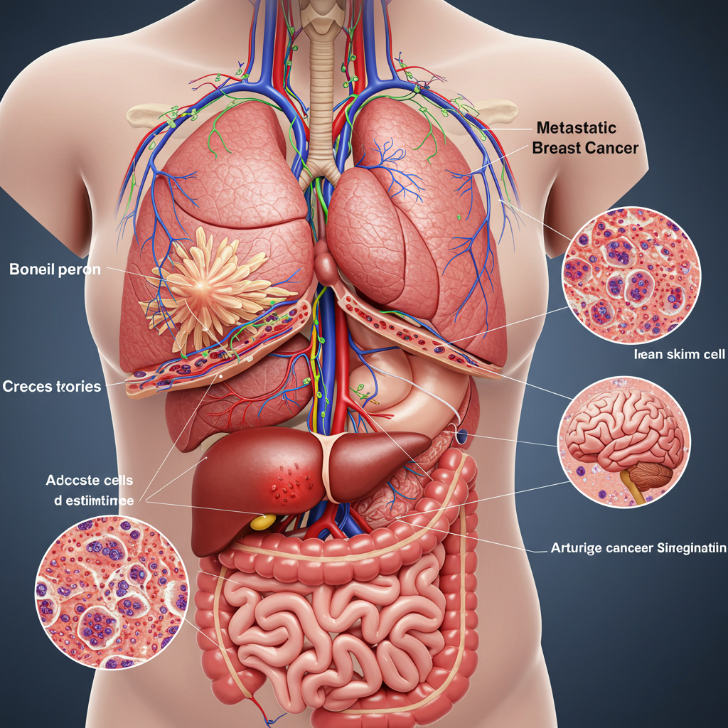 Metastatisk brystkræft symboliseret ved skematisk illustration af torso med organer der kan metastaseres til. Tre små cirkler viser vævsstruktur. Blå baggrund.