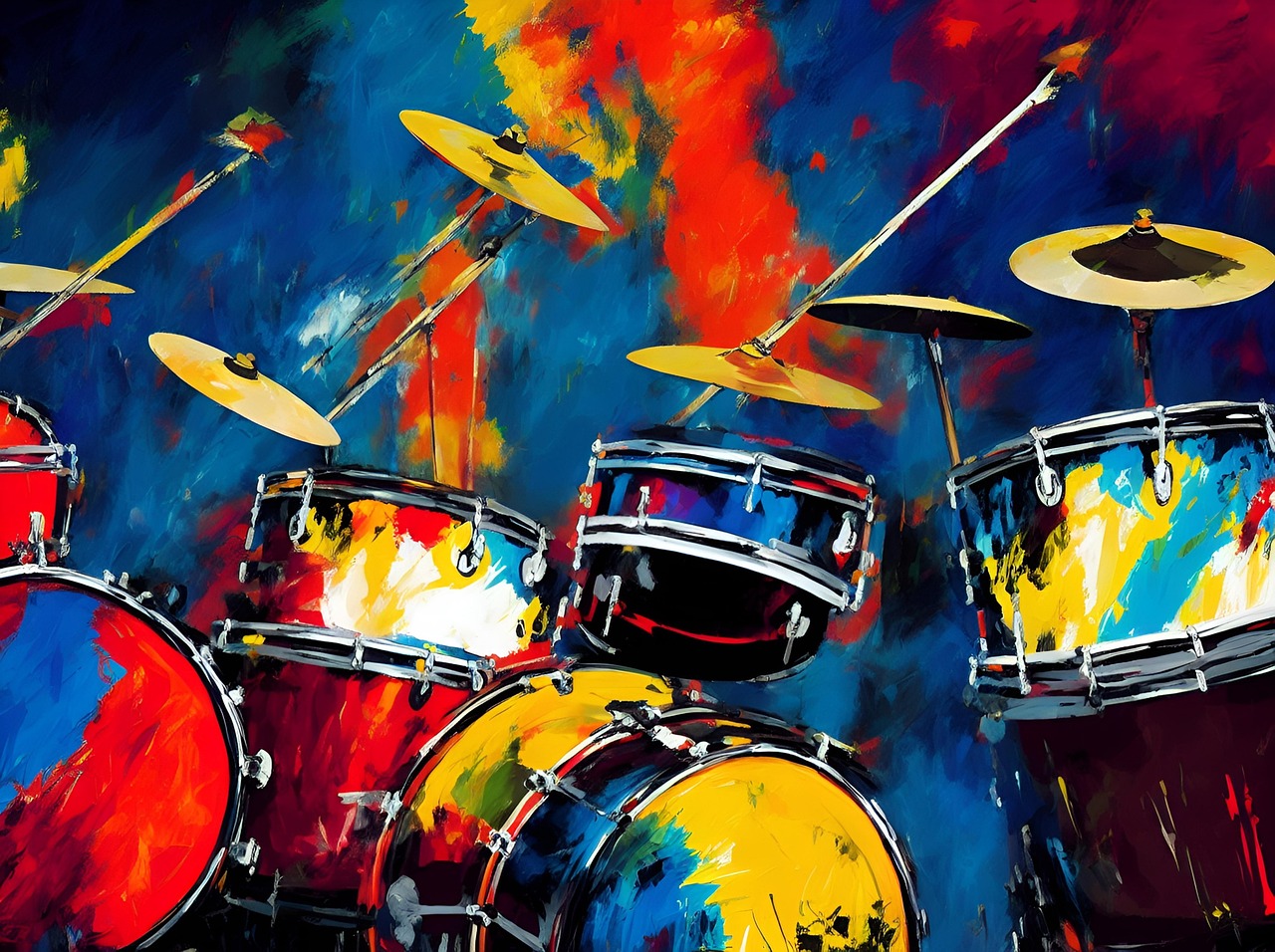 Musikterapi symboliseret ved flere trommer og bækkener i forvirret sammenstilling med røde og blå toner ind over og bagved.