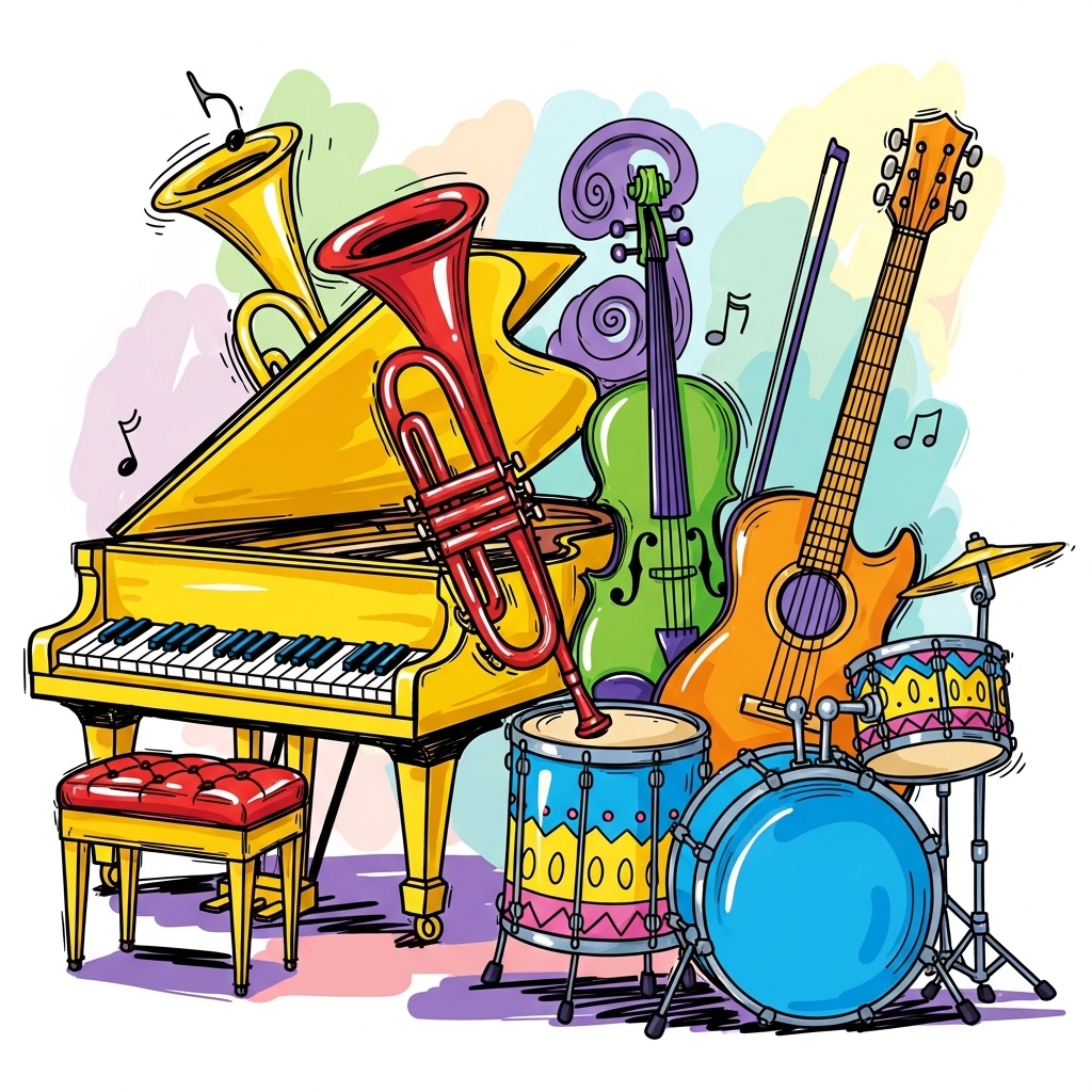 Musikterapi symboliseret ved farverig tegning af forskellige musikinstrumenter. Herunder flygel, trompet, guitar og trommer.