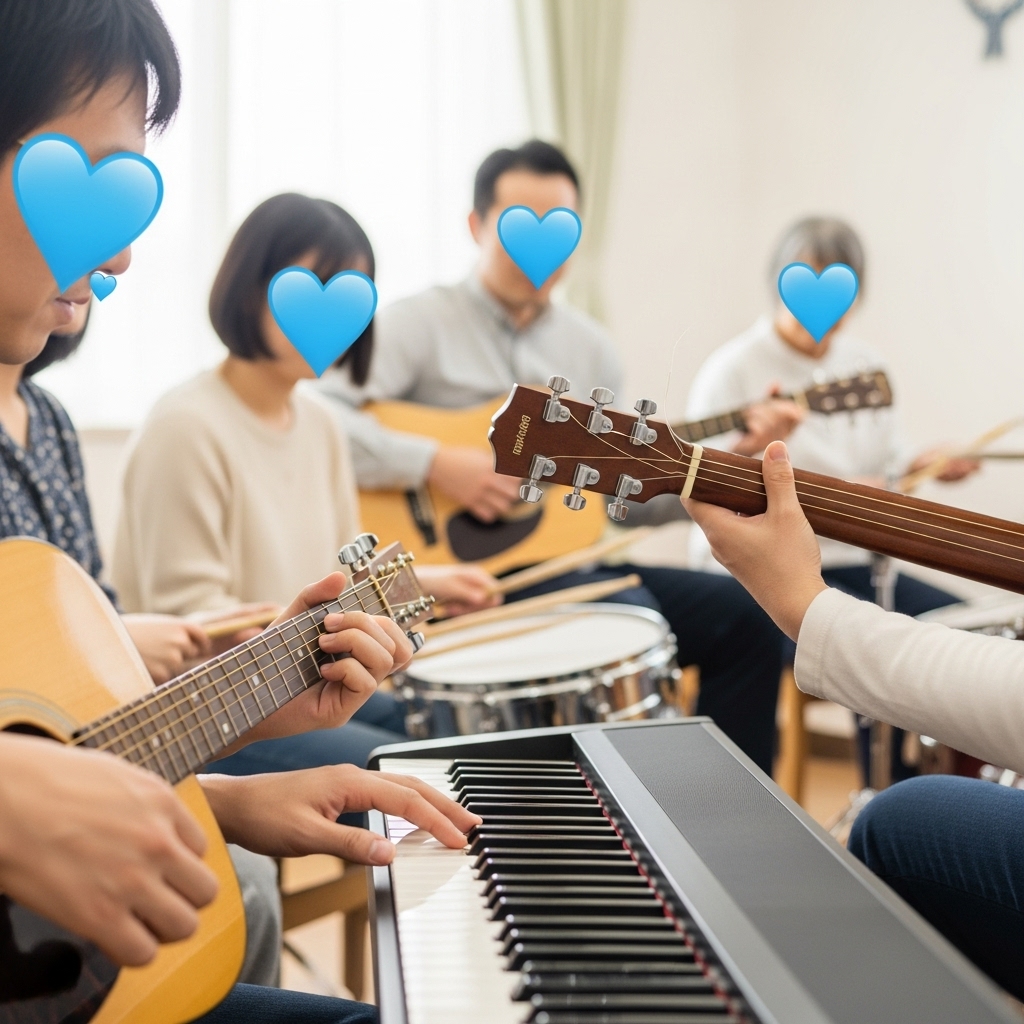 Musikterapi symboliseret ved en gruppe på 6 mennesker af blandet køn, der sidder med forskellige musikinstrumenter, herunder et klaver, i en stue.