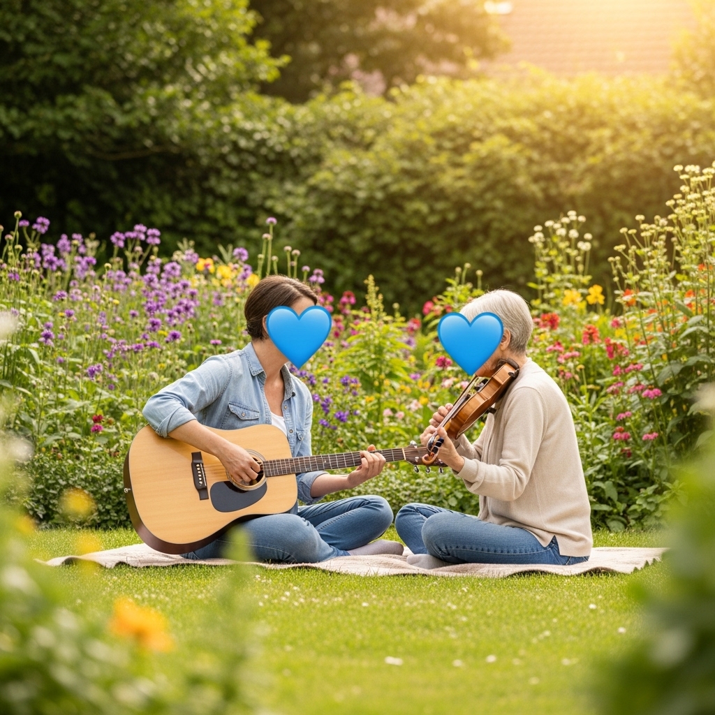 Musikterapi symboliseret ved et par, der sidder i en have med vilde blomster omkring sig. De sidder overfor hinanden i skrædderstilling og spiller. Den ene på violin og den anden på guitar.