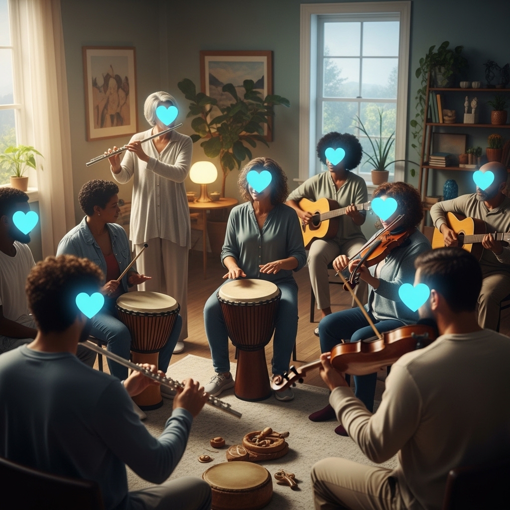 Musikterapi symboliseret ved en gruppe på 9 mennesker af blandet køn, der sidder med forskellige musikinstrumenter i en stue.