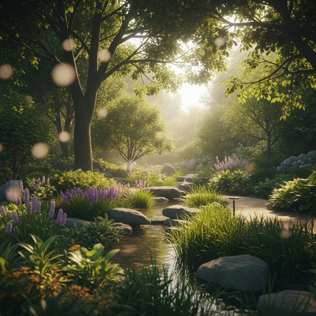 Naturhealing symboliseret ved billede af stille åløb i skov. Der ligger større sten i vandkanten.