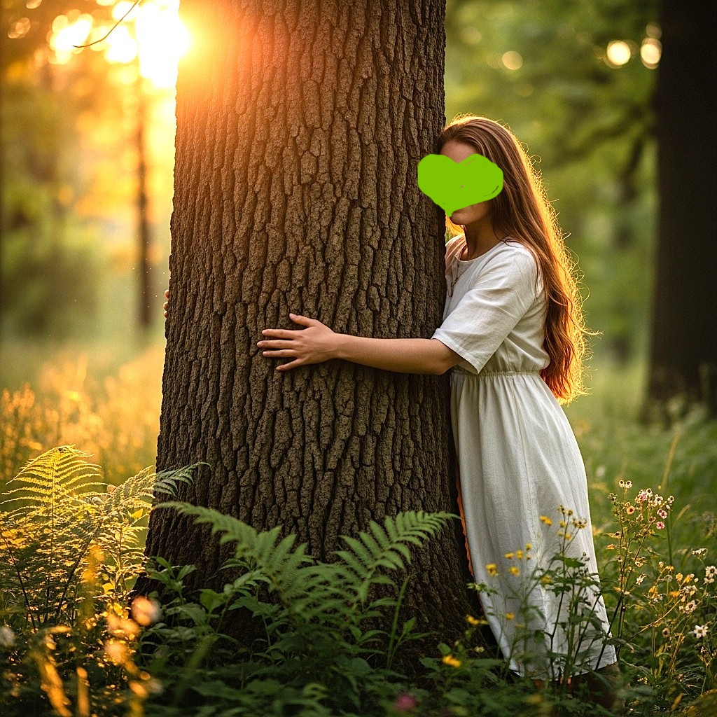 Naturhealing illustreret ved kvinde i hvid kjole der omfavner en stor træstamme.