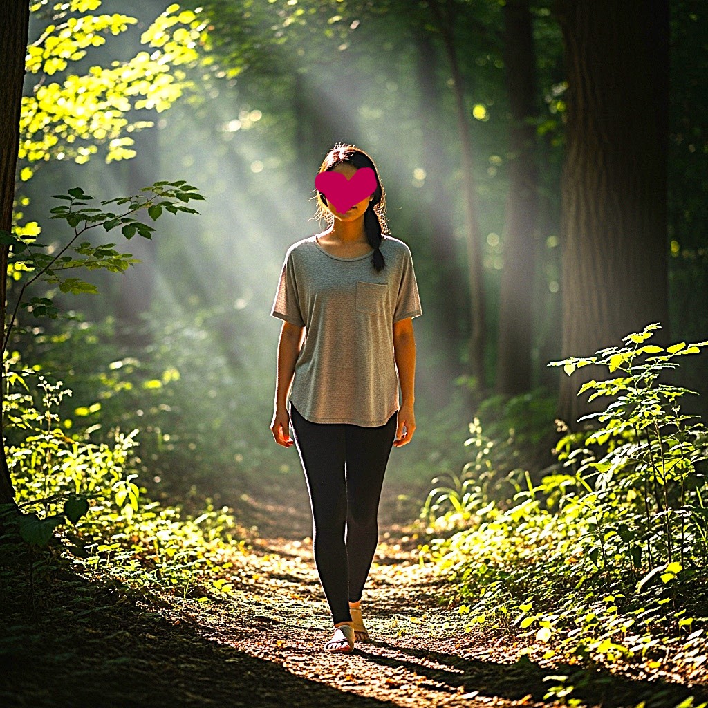 Naturhealing symboliseret ved kvinde i joggingtøj der går afslappet på en rolig skovsti.