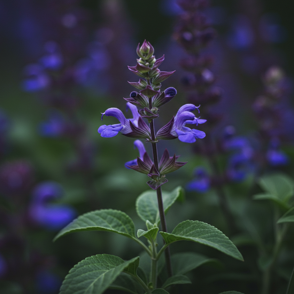 Salvie symboliseret ved en enkelt plante salvie i blomst. Blomsten er smuk dyb lilla. I baggrunden anes flere planter.