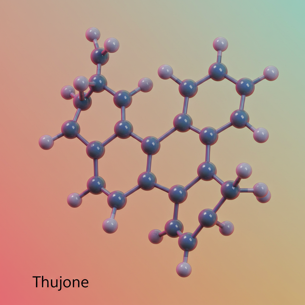 Salvie symboliseret ved model af molekyleopbygningen for Thujone, det aktive stof i salvie. Grå og hvide kugler på lys rødlig baggrund
