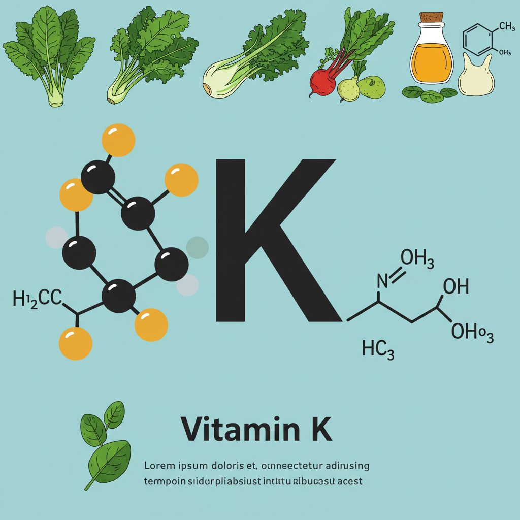Vitamin K symboliseret ved nogle tegnede atombindinger og et stort sort K på blålig baggrund. Over dette er vist nogle grøntsager og en flaske juice.