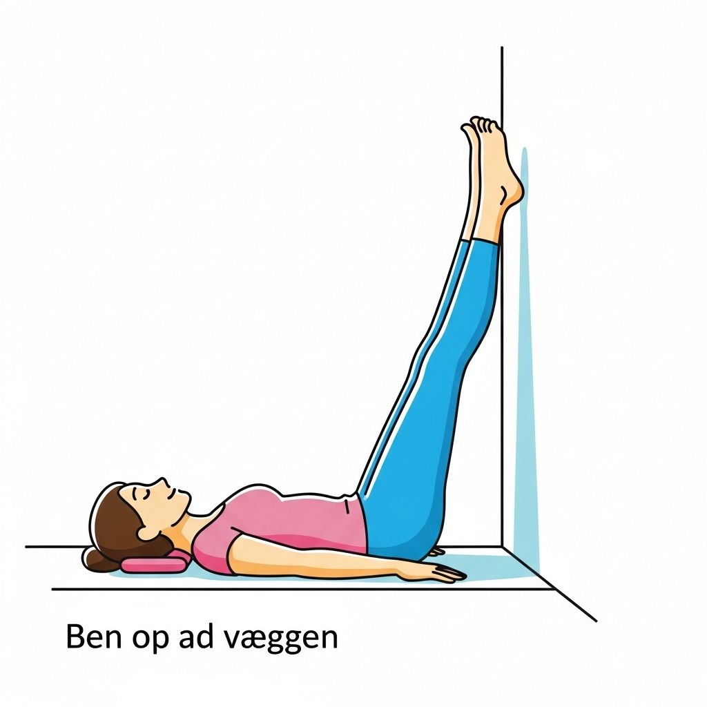 Yoga symboliseret ved kvinde der ligger på ryggen på gulv, med begge ben samlet og vinklet op ad væggen.