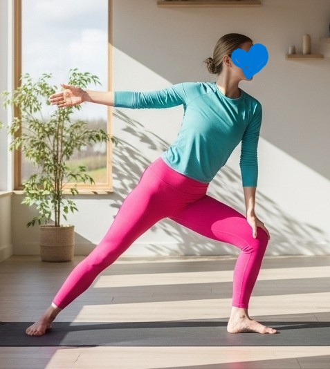 Kvinde der står med det ene ben strakt bagud og det andet bøjet i knæet. Arm bagud. Grøn trøje og rosa bukser.